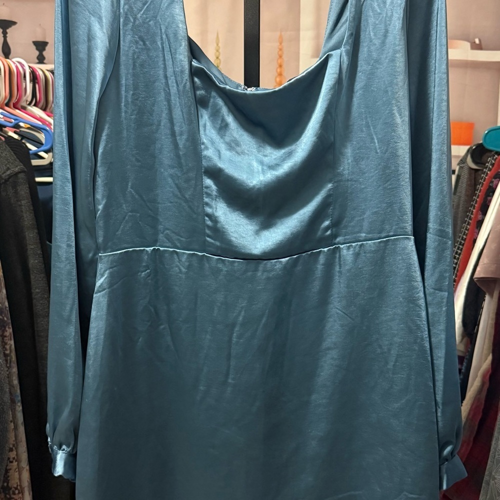 Lulu's Elegant Long Sleeve Satin Dress in Blue - Picture 4 of 10